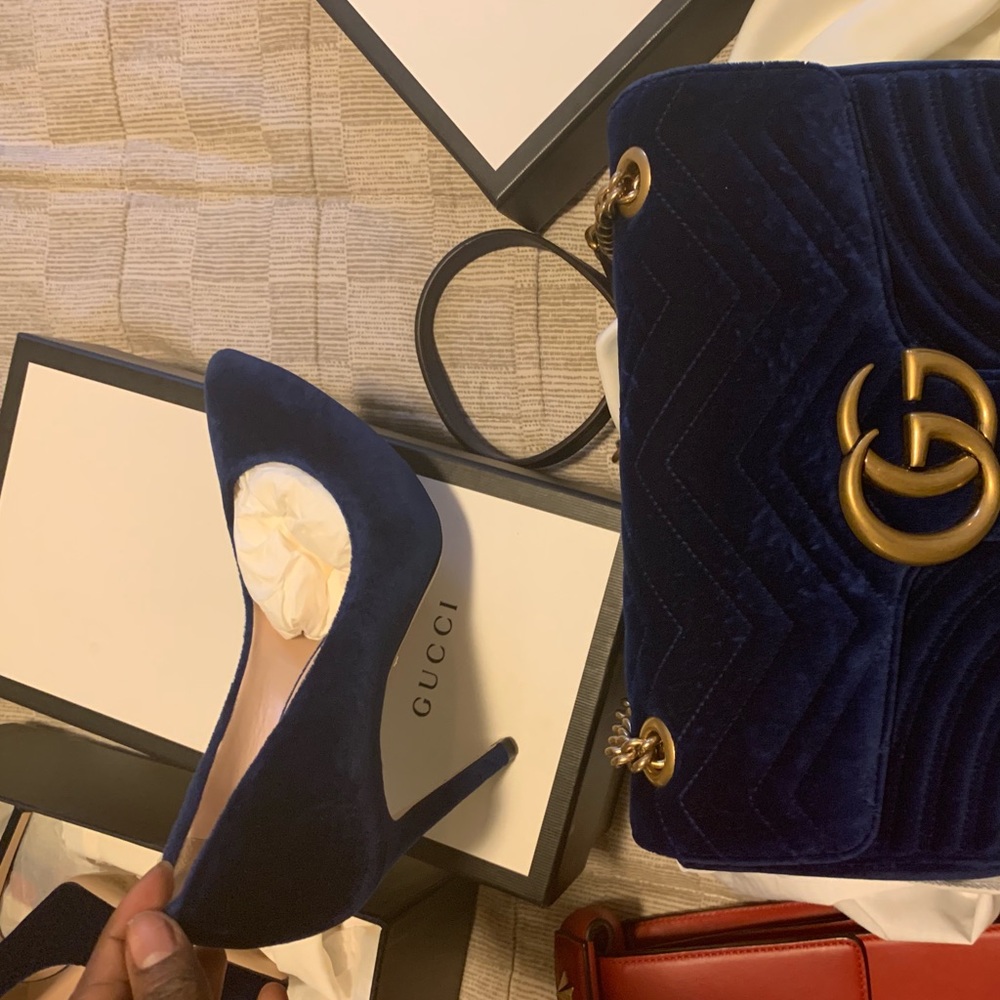 Blue Suede Gucci Pumps